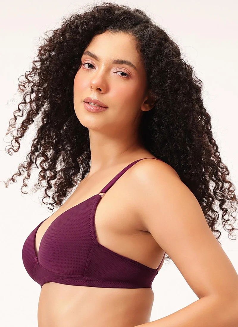 Clovia Purple Clovia Padded Non-Wired Demi Cup Self-Textured Plunge Bra in Wine Colour for Women | Best Price UAE