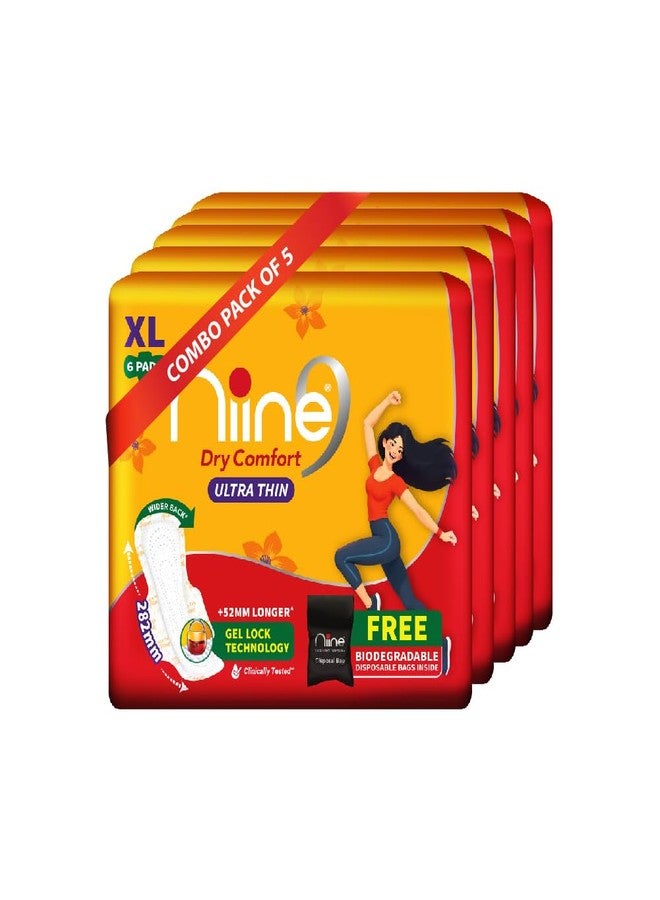 Niine Dry Comfort Ultra-Thin (XL) Pads | Day & Night Protection | With Fluid Lock Gel & Comfortable |Disposable Bags| for Heavy Flow - 30 Pads (Pack of 5) - Image 1