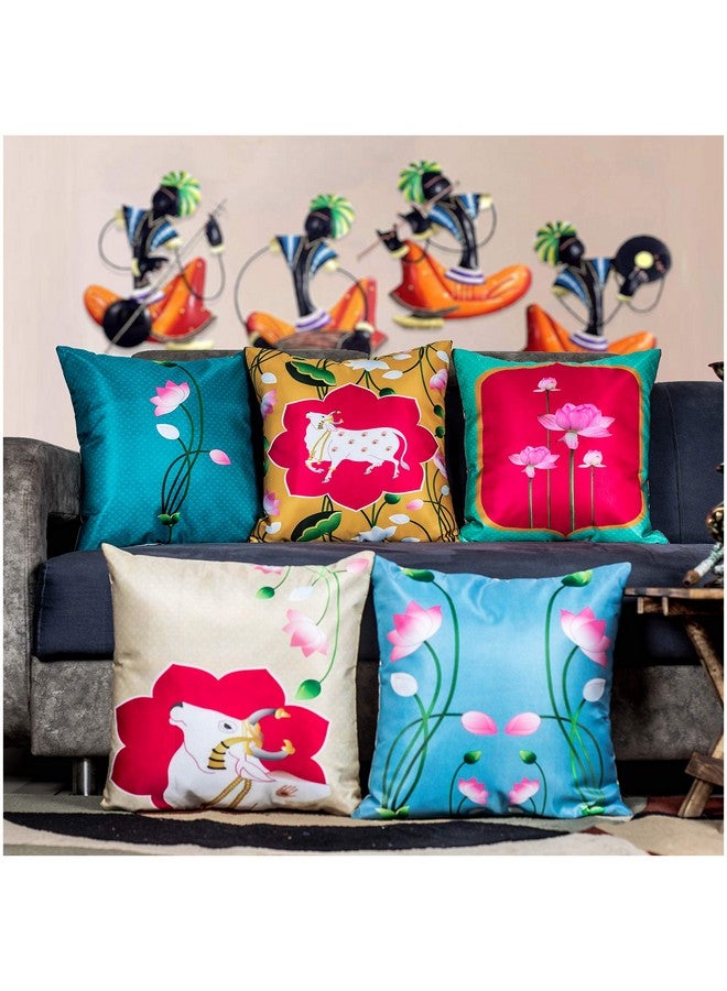 Vendola Vendola Rajasthani Satin 250TC Cushion Pillow Covers, Multicolour, Set of 5 (12X12 Inches, Lotus Cow)  - Image 1