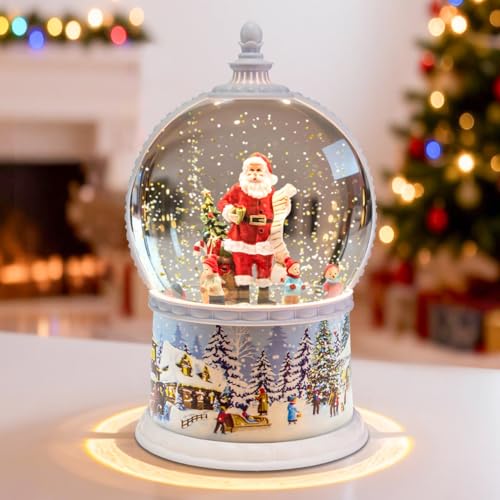 Christmas Snow Globes Musical6H Timer Cylinder Glitter Snow GlobeWhite Snow Globes Christmas with Music Box Including 8 Songs Battery Or USB Cable Powered