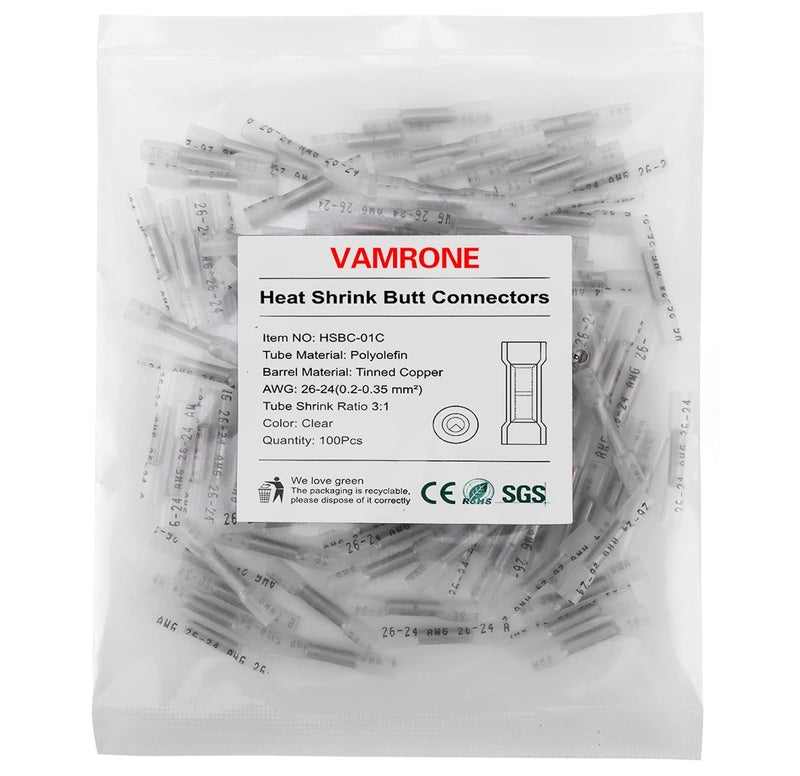 VAMRONE Heat Shrink Butt Wire Connectors, 100Pcs 26-24 AWG Clear Insulated Waterproof Electrical Wire Connectors Automotive Marine Grade Wire Crimp Terminals Butt Splices, Ideal for Boat, Truck, Stereo Clear - Image 1