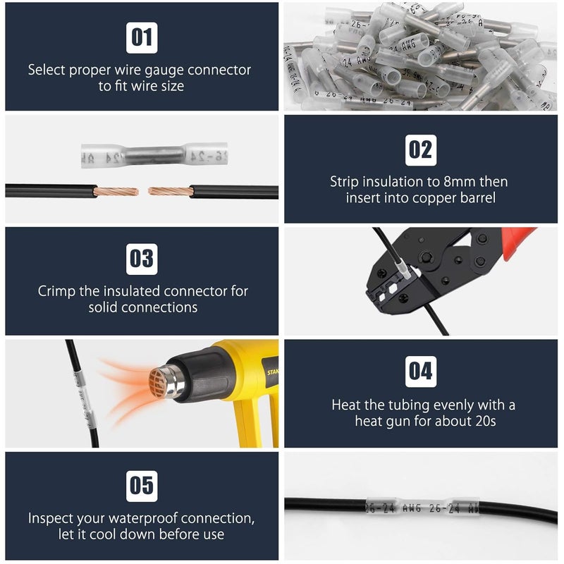 VAMRONE Heat Shrink Butt Wire Connectors, 100Pcs 26-24 AWG Clear Insulated Waterproof Electrical Wire Connectors Automotive Marine Grade Wire Crimp Terminals Butt Splices, Ideal for Boat, Truck, Stereo Clear - Image 5