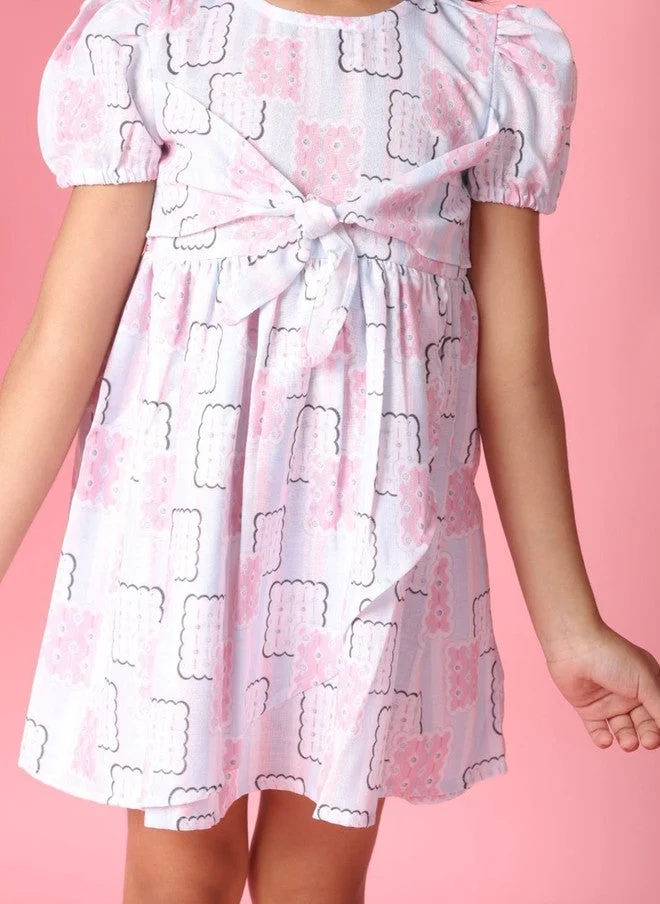 Saka Designs Girls Pink Geometric Print Fit & Flare Dress