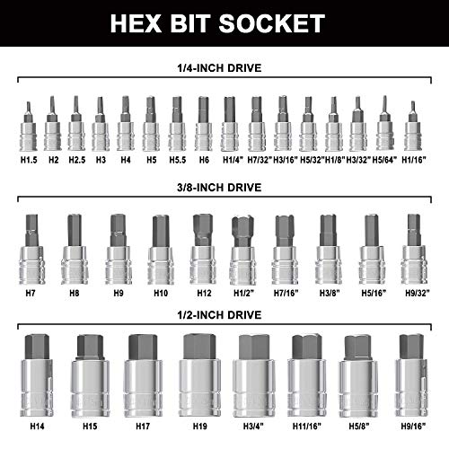 NORTOOLS Master Hex Bit Socket Set S2 Steel Allen Sockets Bit SAE and Metric Torx Bit CRV Socket Tool Allen Wrench Bit Kit 1/2" 3/8" 1/4" Drive Automotive Bike Motorcycle and ATV 34 Pieces - Image 4