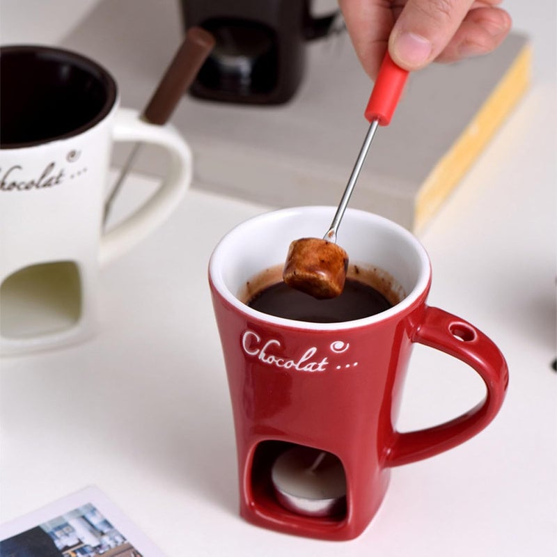 gernie Chocolate Melting Cup, Tealight Candle Heating Chocolate Fondue Mug Ceramic Butter Warmer Pot with Fork, Chocolate Melting Supplies for Cheese, Chocolate and Tapas (Red) - Image 2