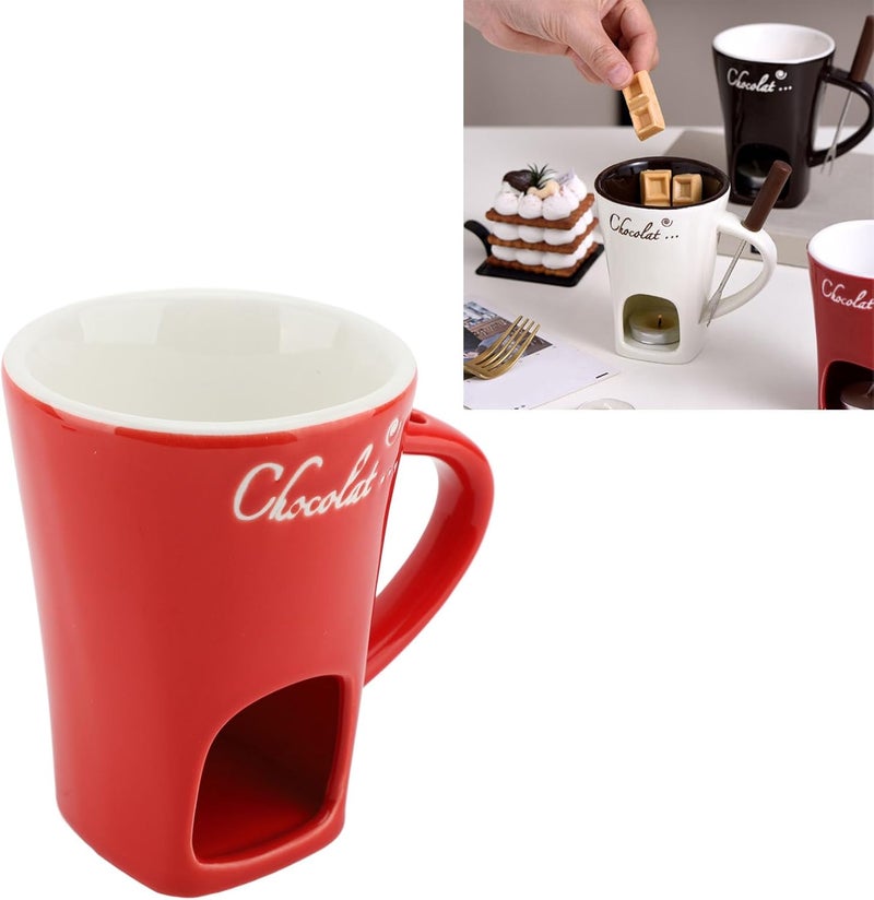 gernie Chocolate Melting Cup, Tealight Candle Heating Chocolate Fondue Mug Ceramic Butter Warmer Pot with Fork, Chocolate Melting Supplies for Cheese, Chocolate and Tapas (Red) - Image 5