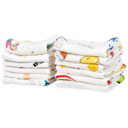 MOM'S HOME Super Soft Organic Cotton Baby Muslin Wash Cloth/Napkin 6 Layer | Hankies for Baby | 25x25 cm | (Pack of 12) - Image 1