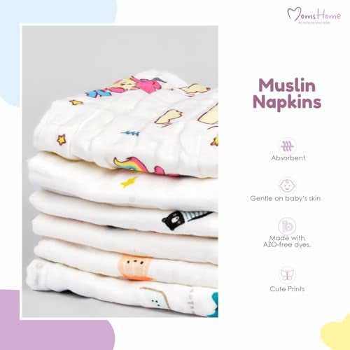 MOM'S HOME Super Soft Organic Cotton Baby Muslin Wash Cloth/Napkin 6 Layer | Hankies for Baby | 25x25 cm | (Pack of 12) - Image 5