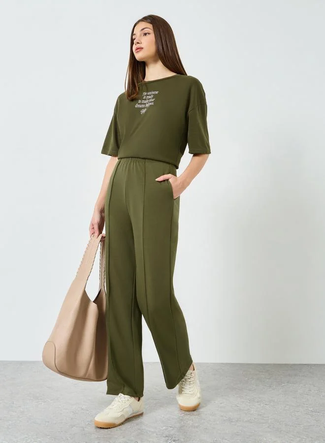 Styli Olive Wide Leg Joggers with Pintuck Detail