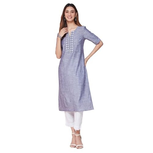 Fabindia Blue Cotton Embroidered Slim Fit Long Kurta - Image 1