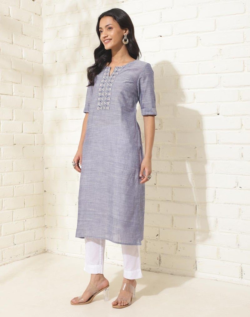 Fabindia Blue Cotton Embroidered Slim Fit Long Kurta - Image 3