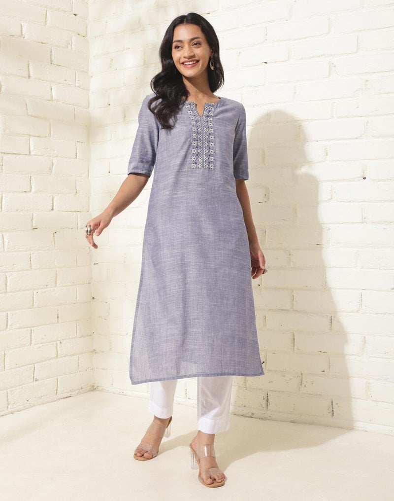 Fabindia Blue Cotton Embroidered Slim Fit Long Kurta - Image 2