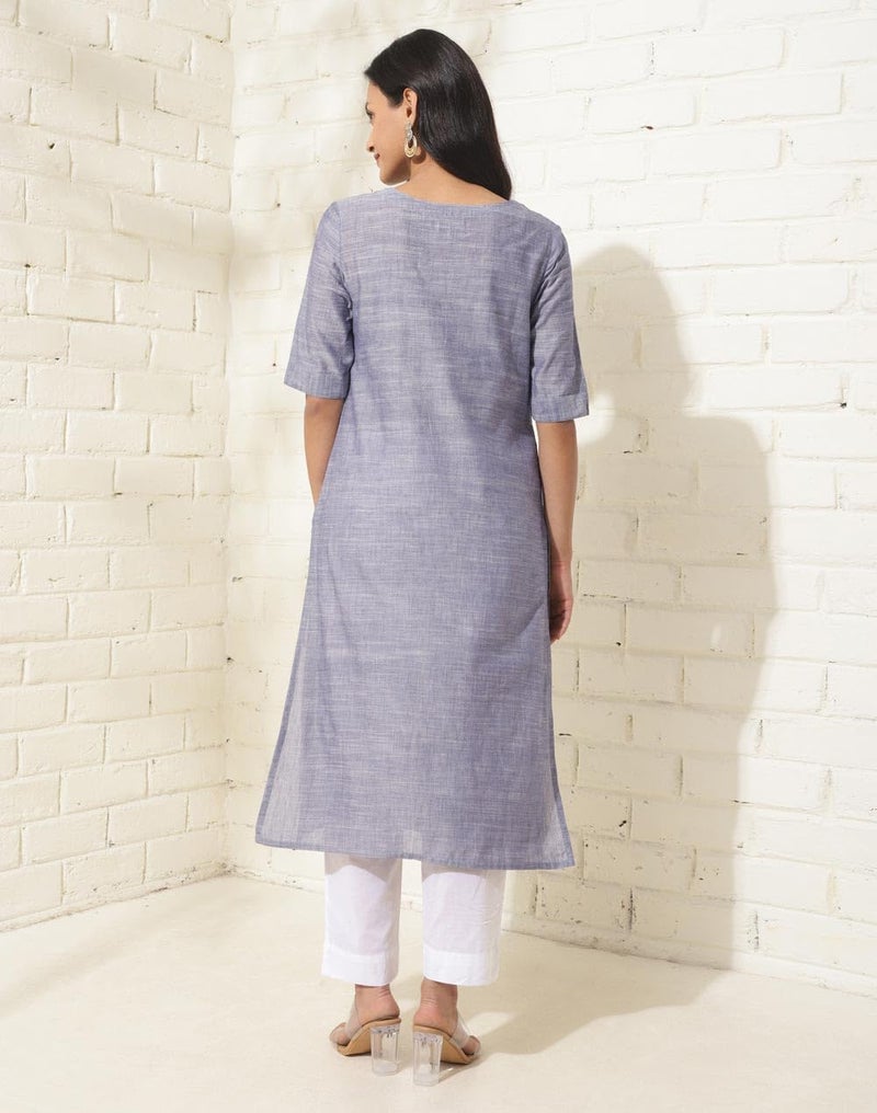 Fabindia Blue Cotton Embroidered Slim Fit Long Kurta - Image 4