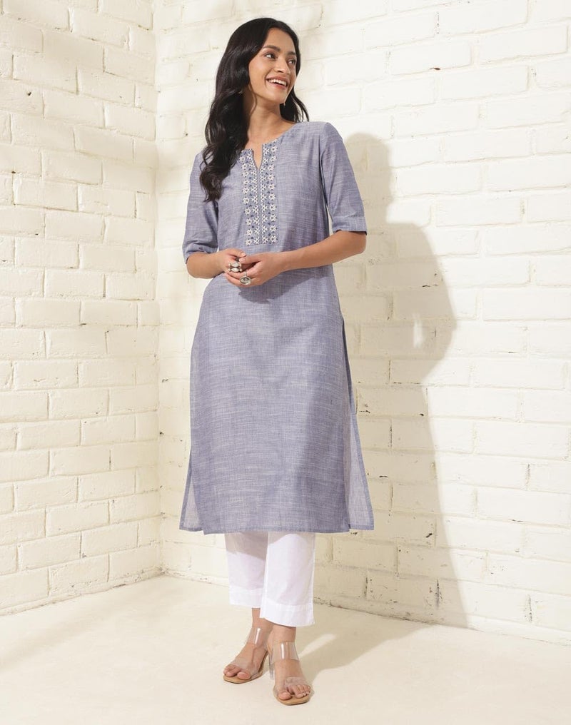 Fabindia Blue Cotton Embroidered Slim Fit Long Kurta - Image 5