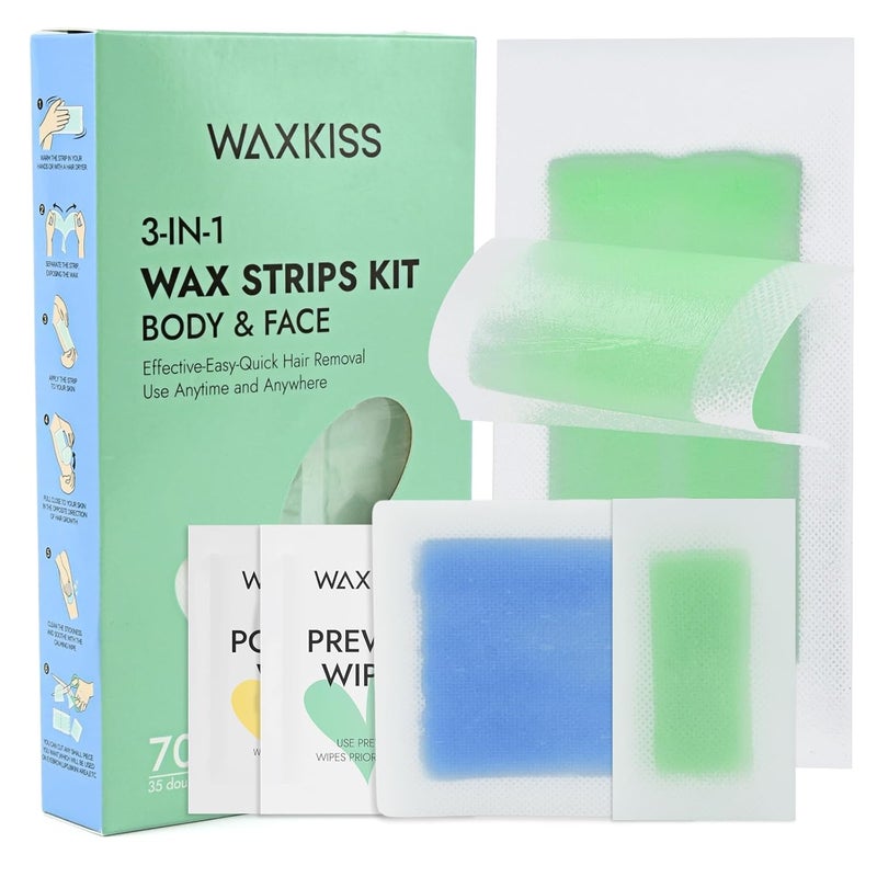 waxkiss Waxkiss Wax Strips Kit for Women Waxing Strips Kit for Hair Removal with 70 Counts Hypoallergenic Home Waxing Kit with Strips Brazilian Wax Strip 3 Sizes  12 Pcs Prewax and Postwax Wipes