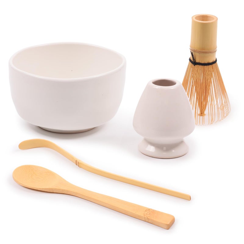 BambooMN Matcha Bowl Set (Includes Bowl, Rest, Tea Whisk, Chasaku & Tea Spoon) 1 Set White - Image 1