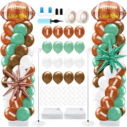 Kasyat 2 Sets Football Balloon Column Stand Kit with 2 Football Foil Balloons 100 Latex Balloons Green and Brown Arch Kit for Floor for First Year Down Birthday Party Themed Decoration - Image 1