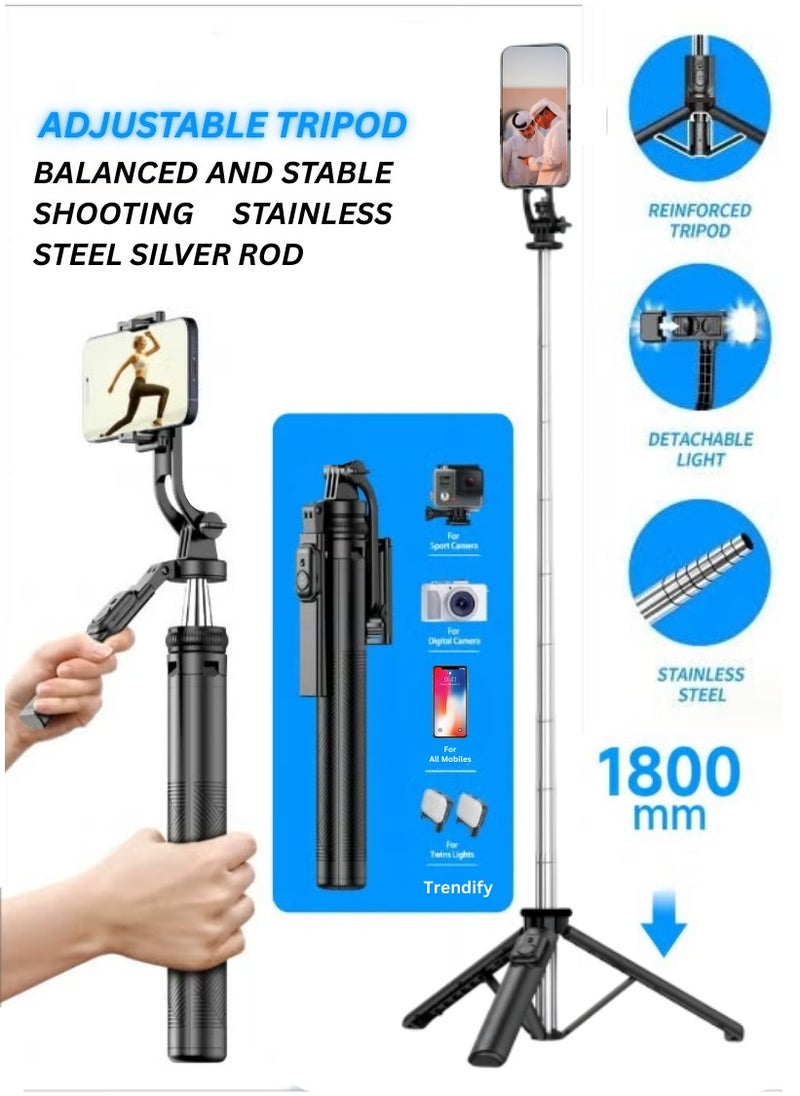Trendify 70.86 Inches Extra Long Selfie Stick Tripod, Anti-Shake Selfie Stick with Balance Handle, Tripod Stand with Rechargeable Bluetooth Remote for Mobile Phones, Suitable For Smartphones, Cameras, Vlogging, Photography, and Video Recording  - Image 1