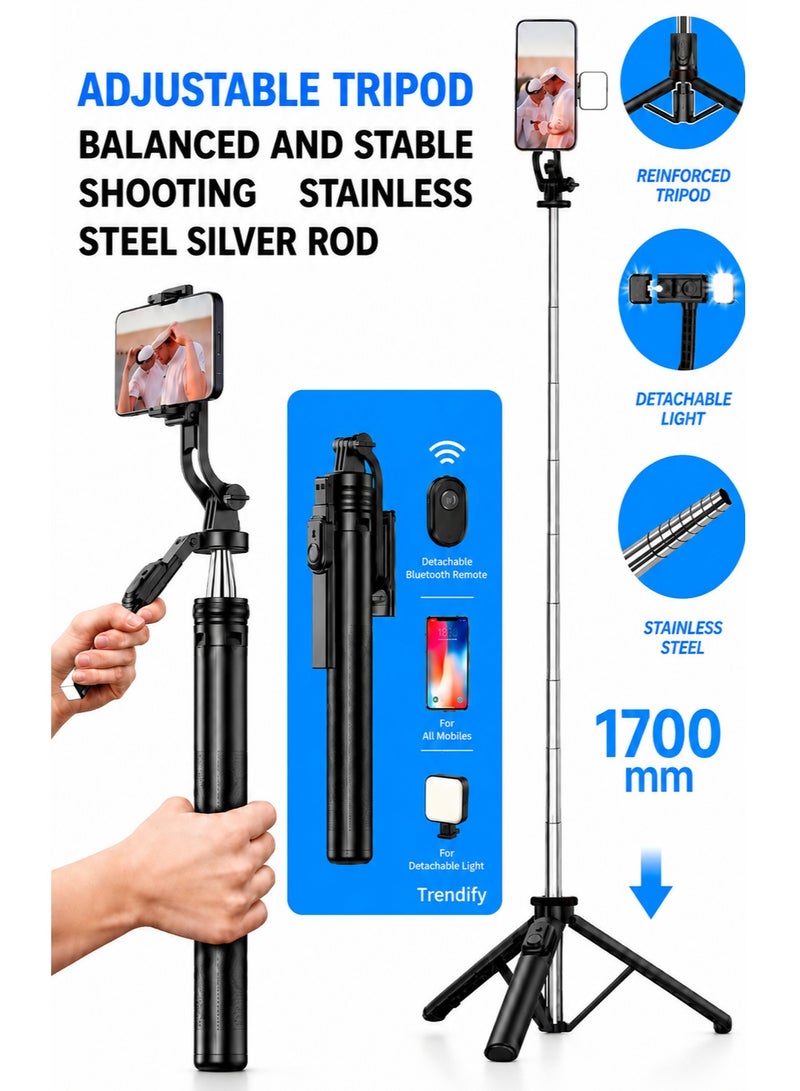 Trendify 170cm / 66.92 Inches Extra Long Selfie Stick Tripod, Anti-Shake Selfie Stick with Balance Handle, Tripod Stand with Rechargeable Bluetooth Remote for Mobile Phones, Suitable For Smartphones, Cameras, Vlogging, Photography, and Video Recording - Image 1
