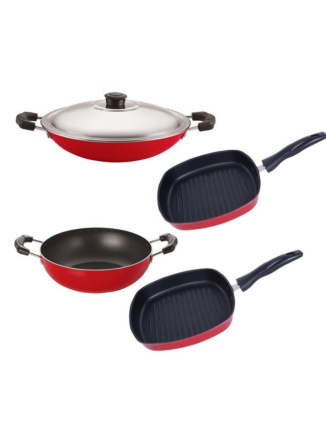 Nirlon Non-Stick Aluminum Cookware Set, 4-Piece, Red and Black (KD10_AC_GP22.5_GP24)