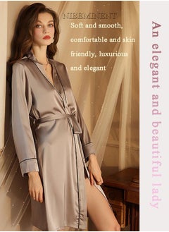 NIBEMINENT Women's Bathrobe Light Luxury Ice Silk Satin Cooling Nightgown Wrapping Design Breathable Skin-friendly Bathrobe Grey  - Image 2