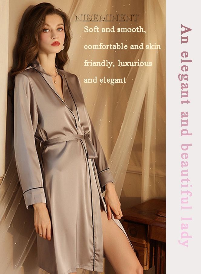 NIBEMINENT Women's Bathrobe Light Luxury Ice Silk Satin Cooling Nightgown Wrapping Design Breathable Skin-friendly Bathrobe Grey - Image 2
