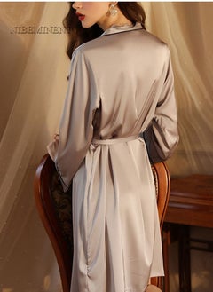 NIBEMINENT Women's Bathrobe Light Luxury Ice Silk Satin Cooling Nightgown Wrapping Design Breathable Skin-friendly Bathrobe Grey  - Image 3