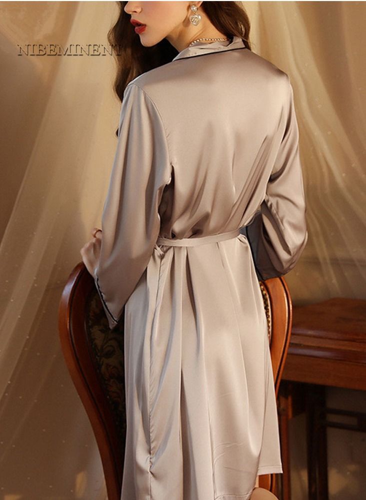 NIBEMINENT Women's Bathrobe Light Luxury Ice Silk Satin Cooling Nightgown Wrapping Design Breathable Skin-friendly Bathrobe Grey - Image 3