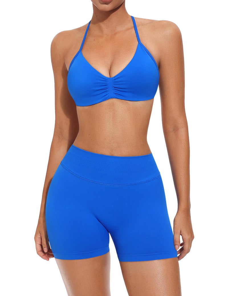 Niipty 2 Piece Workout Sets for Women Halter Sports Bra Macthing High Waist Scrunch Butt Shorts Sets Gym Outfits - Blue Medium - Image 1