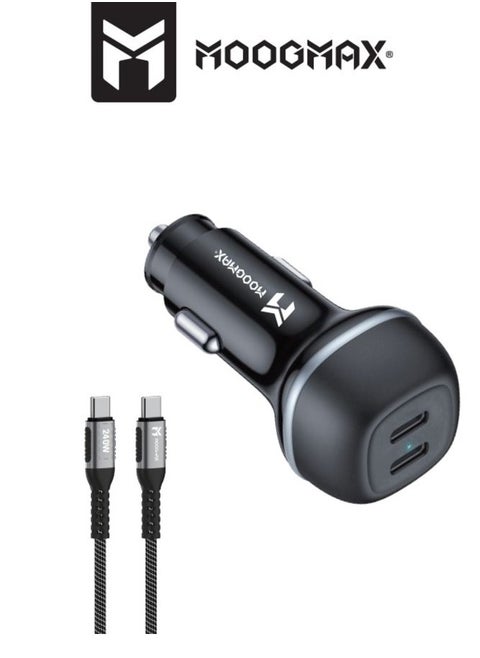 Car charger with a cable. features a charging speed 60W distributed over two Type-C ports that support PD fast charging, a fabric charging cable Type-C to Type-C that supports fast charging and data transfer up to 240W for charging. A powerful charger that supports all smartphones, and is equipped with an overcharge protection circuit.