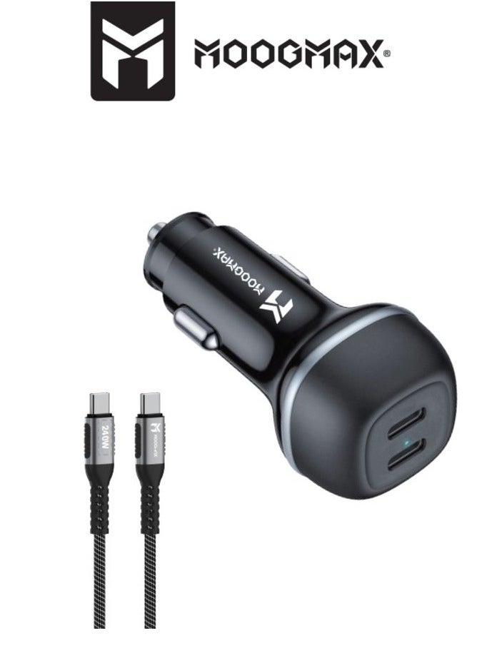 MOOGMAX - Car charger with a cable. features a charging speed 60W distributed over two Type-C ports that support PD fast charging, a fabric charging cable Type-C to Type-C that supports fast charging and data transfer up to 240W for charging. A powerful charger that supports all smartphones, and is equipped with an overcharge protection circuit. - Image 1