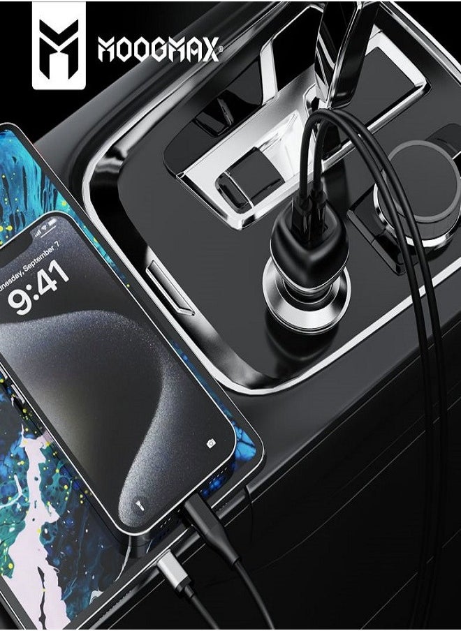 MOOGMAX - Car charger with a cable. features a charging speed 60W distributed over two Type-C ports that support PD fast charging, a fabric charging cable Type-C to Type-C that supports fast charging and data transfer up to 240W for charging. A powerful charger that supports all smartphones, and is equipped with an overcharge protection circuit. - Image 1