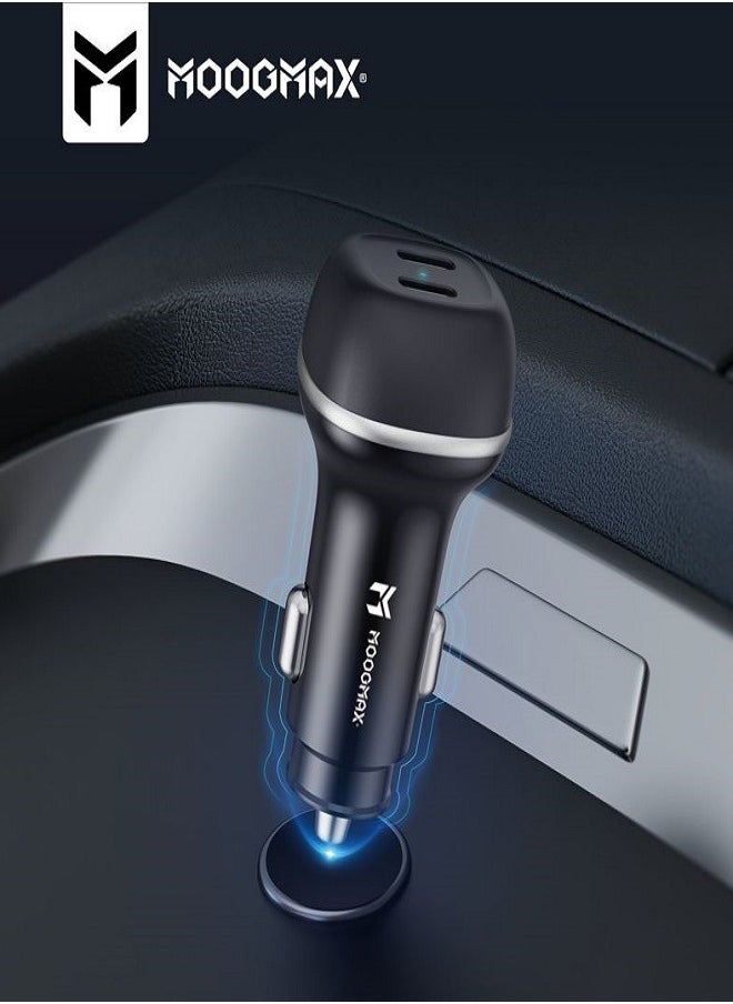 MOOGMAX - Car charger with a cable. features a charging speed 60W distributed over two Type-C ports that support PD fast charging, a fabric charging cable Type-C to Type-C that supports fast charging and data transfer up to 240W for charging. A powerful charger that supports all smartphones, and is equipped with an overcharge protection circuit. - Image 1