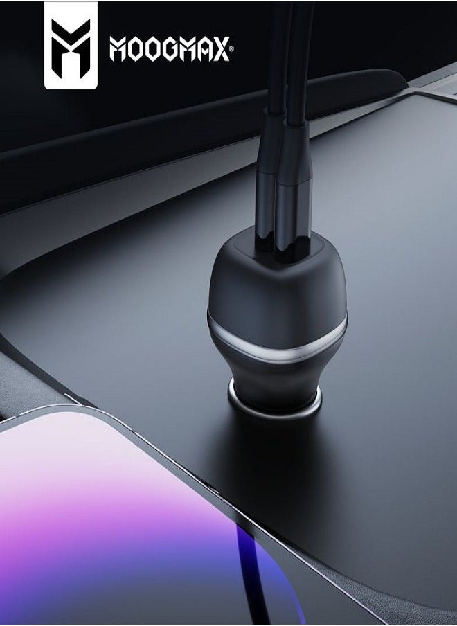 MOOGMAX - Car charger with a cable. features a charging speed 60W distributed over two Type-C ports that support PD fast charging, a fabric charging cable Type-C to Type-C that supports fast charging and data transfer up to 240W for charging. A powerful charger that supports all smartphones, and is equipped with an overcharge protection circuit. - Image 1