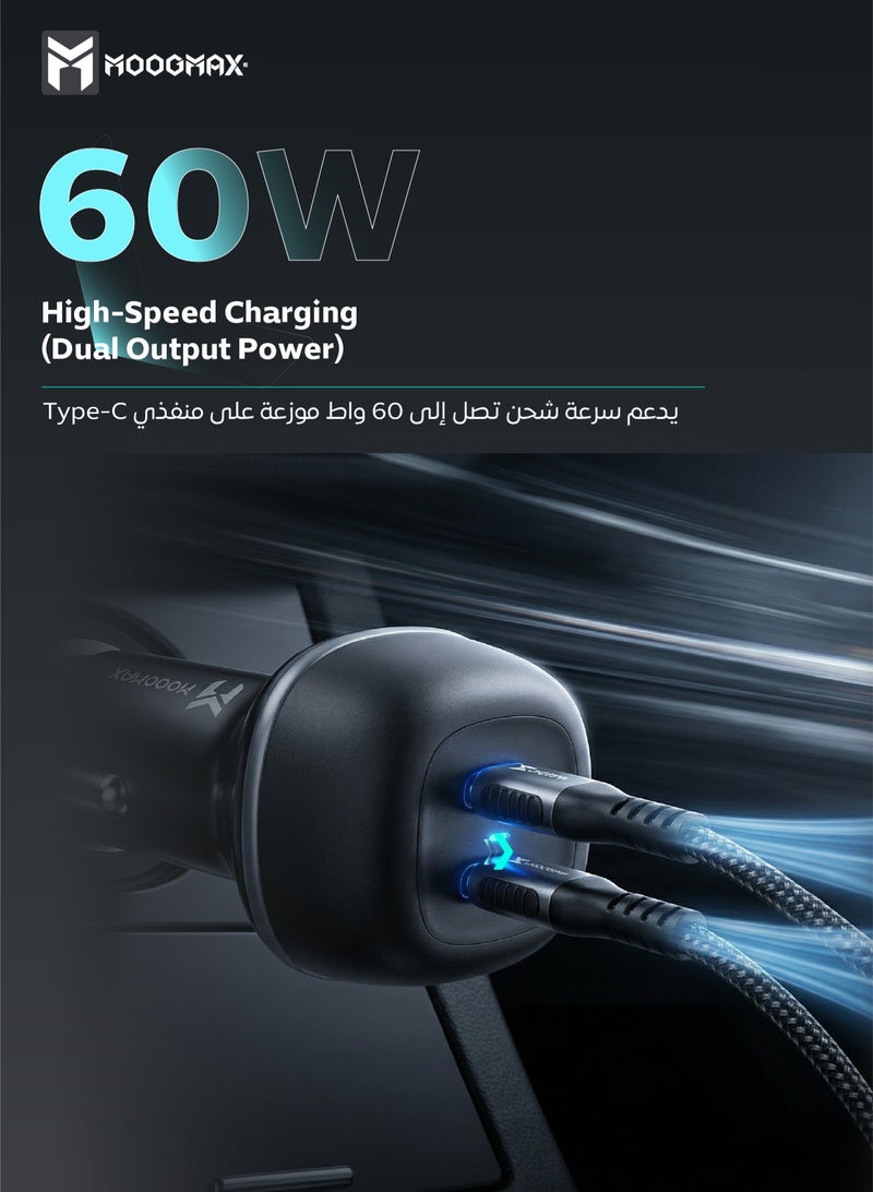 موجماكس شاحن سيارة مع كابل شحن. شاحن يتميز بسرعة شحن حتى 60 واط موزعة على منفذي تايب سي تدعم الشحن السريع PD، كيبل شحن من القماش تايب سي الى تايب سي يدعم الشحن السريع ونقل البيانات حتى 240 واط لشحن. شاحن قوي ويدعم جميع الهواتف الذكية، ومزود بدائرة حماية من الشحن الزائد. - Image 2