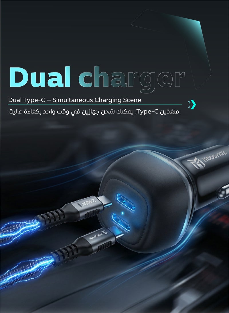 موجماكس شاحن سيارة مع كابل شحن. شاحن يتميز بسرعة شحن حتى 60 واط موزعة على منفذي تايب سي تدعم الشحن السريع PD، كيبل شحن من القماش تايب سي الى تايب سي يدعم الشحن السريع ونقل البيانات حتى 240 واط لشحن. شاحن قوي ويدعم جميع الهواتف الذكية، ومزود بدائرة حماية من الشحن الزائد. - Image 3