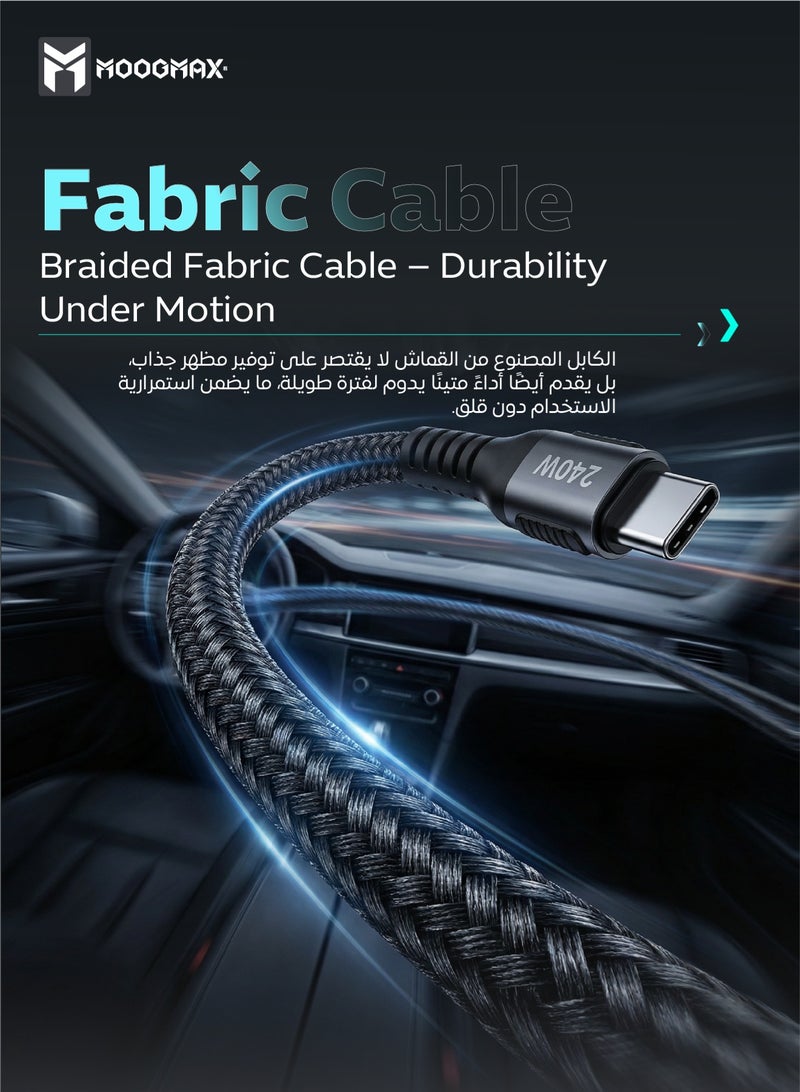 موجماكس شاحن سيارة مع كابل شحن. شاحن يتميز بسرعة شحن حتى 60 واط موزعة على منفذي تايب سي تدعم الشحن السريع PD، كيبل شحن من القماش تايب سي الى تايب سي يدعم الشحن السريع ونقل البيانات حتى 240 واط لشحن. شاحن قوي ويدعم جميع الهواتف الذكية، ومزود بدائرة حماية من الشحن الزائد. - Image 4