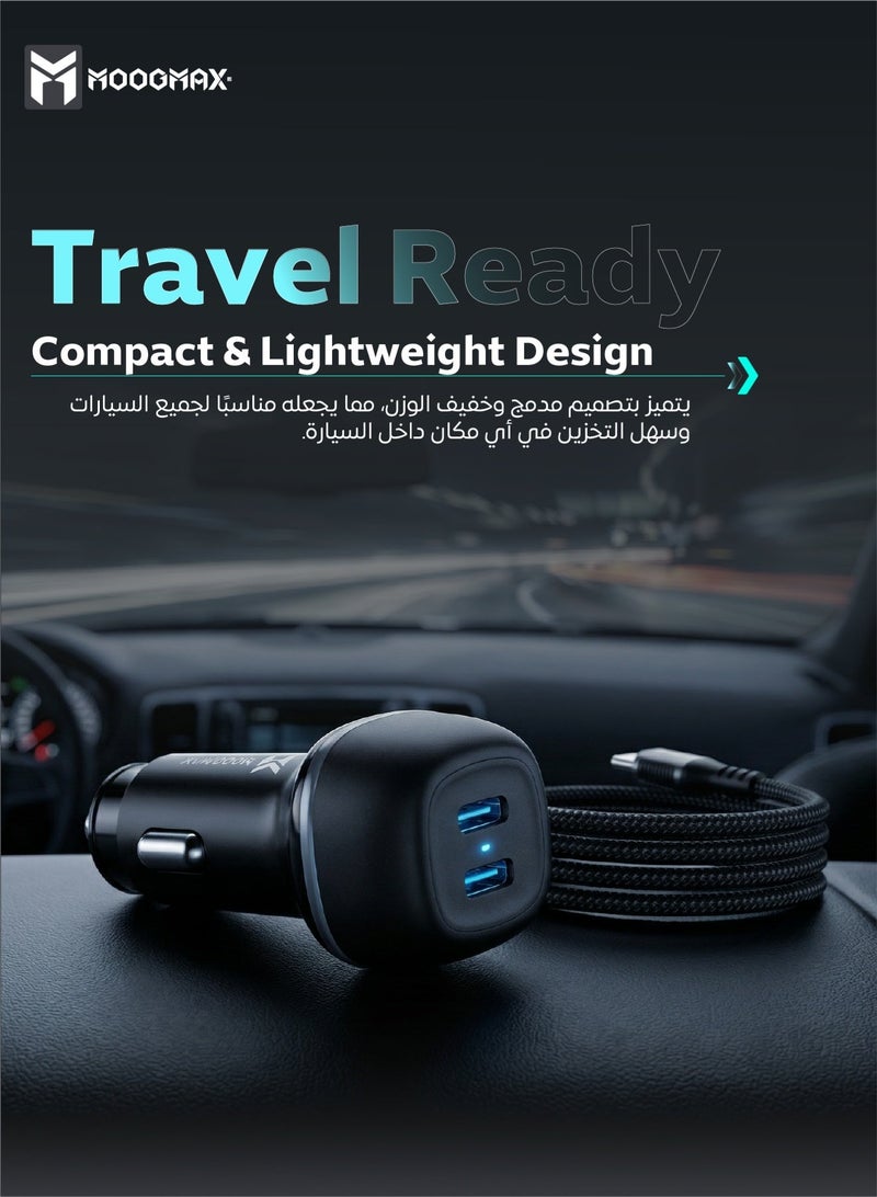 موجماكس شاحن سيارة مع كابل شحن. شاحن يتميز بسرعة شحن حتى 60 واط موزعة على منفذي تايب سي تدعم الشحن السريع PD، كيبل شحن من القماش تايب سي الى تايب سي يدعم الشحن السريع ونقل البيانات حتى 240 واط لشحن. شاحن قوي ويدعم جميع الهواتف الذكية، ومزود بدائرة حماية من الشحن الزائد. - Image 5