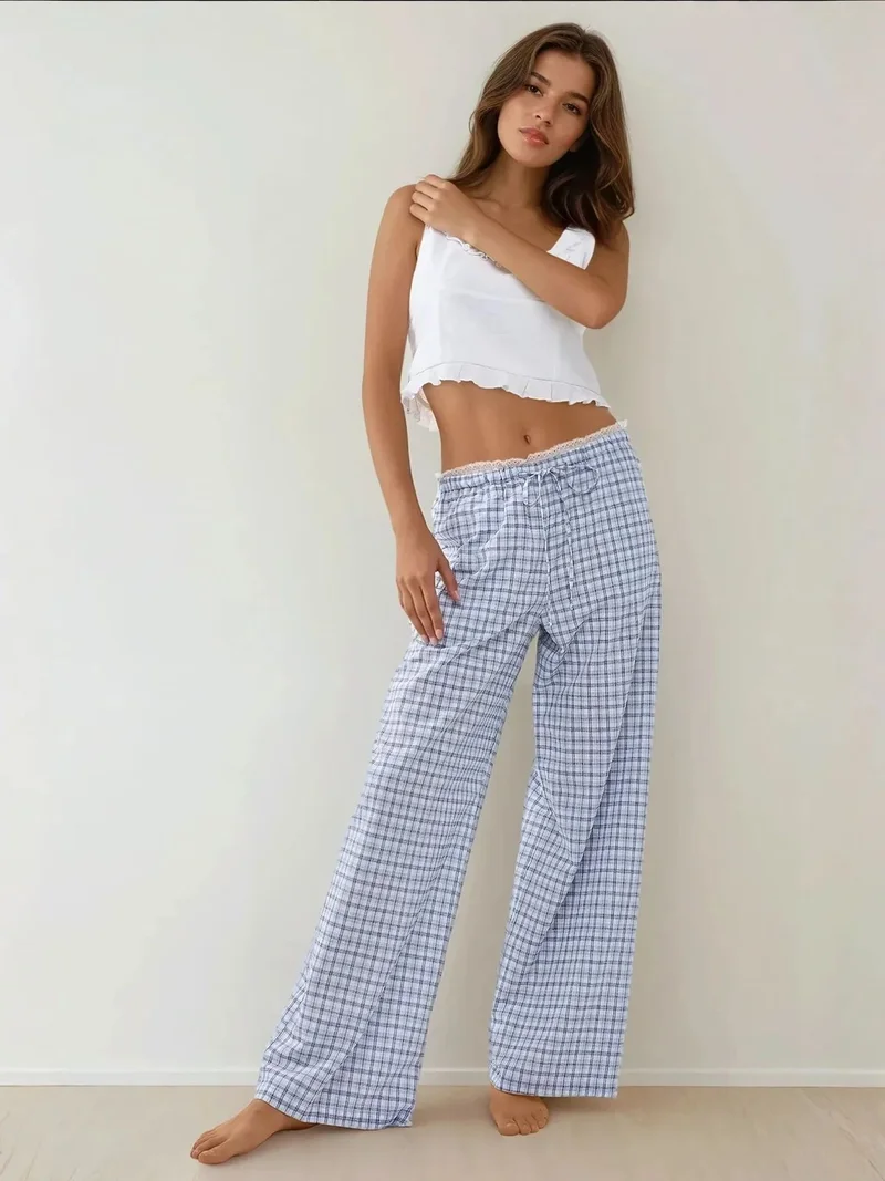 HICCUP Plaid Long Lounge Bottoms with Back Heart Detail