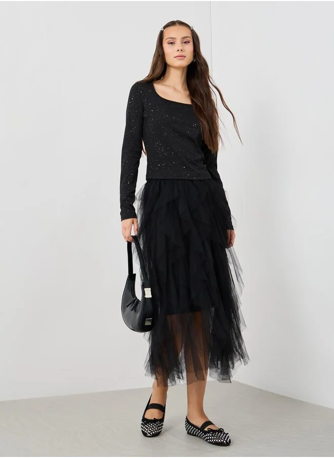 تايك تو Take Two Textured Square Neck Long Sleeves Blouse