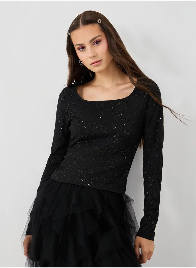 تايك تو Take Two Textured Square Neck Long Sleeves Blouse