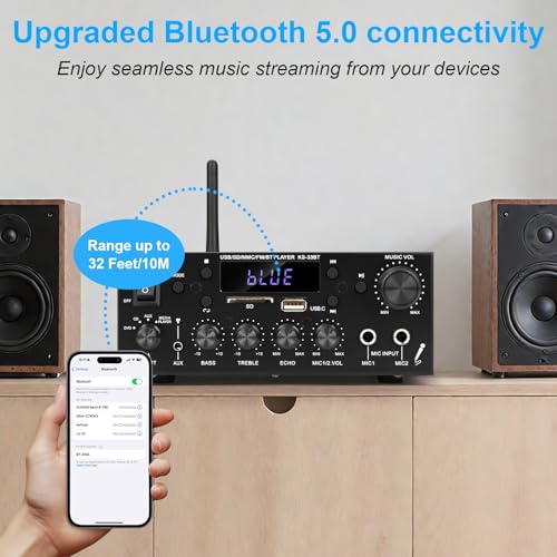 Romicta Stereo Audio Amplifier, 2 Channel 500W Bluetooth 5.0 Home Audio Stereo Receiver with FM, Echo, AUX, USB, SD, MIC Inputs, Power Amplifier for Passive Speakers and Active subwoofer - Image 4