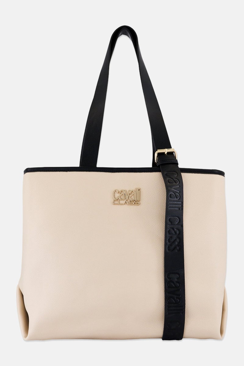 Cavalli Class Women Brand Logo Tote Bag, Beige - Image 1