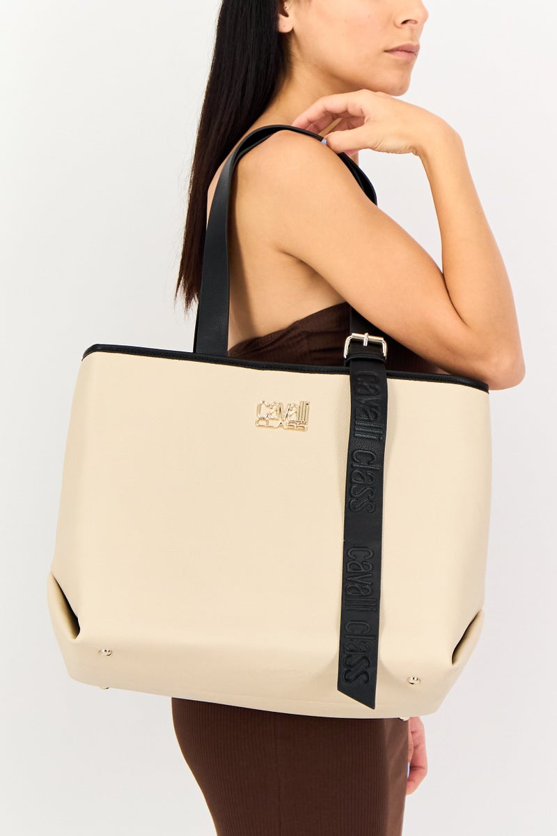 Cavalli Class Women Brand Logo Tote Bag, Beige - Image 2