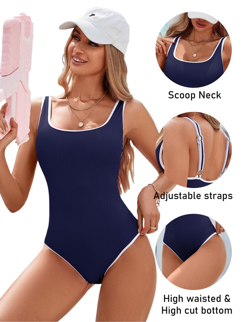 BMJL Women's One Piece Swimsuit Sports Adjustable Strap Bathing Suit Color Block Ribbed High Cut Swimsuits(S,Dark Blue) - Image 4