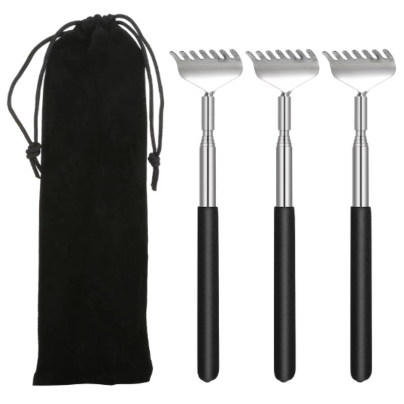 3PCS Retractable Back Scratcher Men Women Portable Extendable Stainless Steel Massager Scratch Tool with Storage Pouch - Image 1