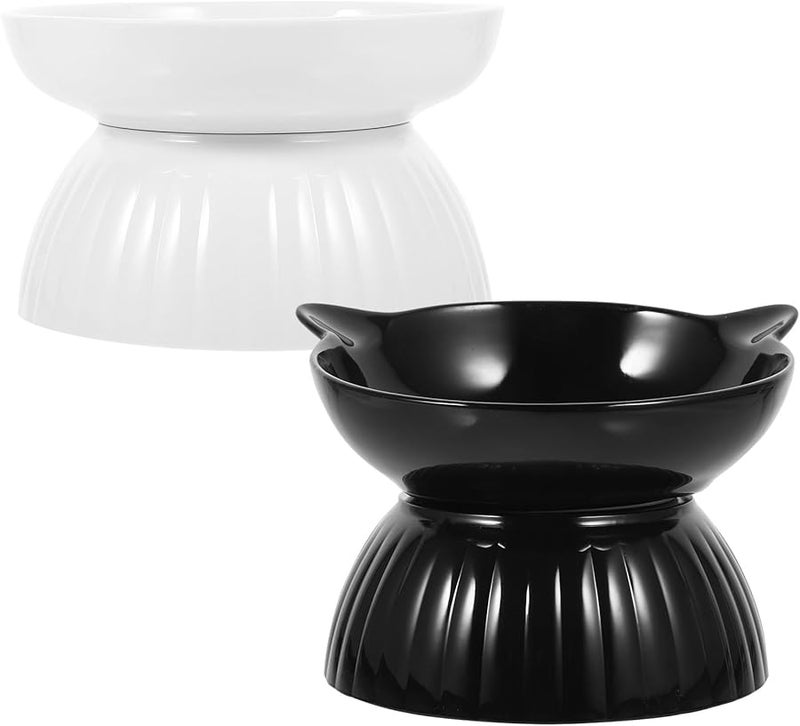 Ceramic Raised Cat Bowl Set With Plastic Base Anti Vomit Feeder Dishwasher Safe - Image 1