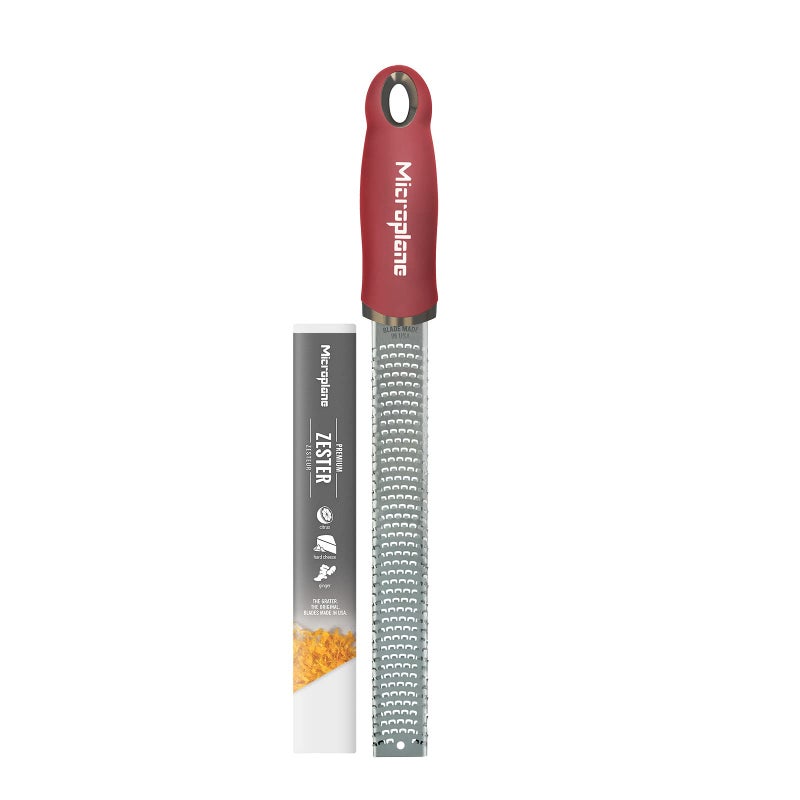 Microplane Zester Grater in Pomegranate Red for Citrus Fruits Hard Cheese Ginger Chocolate and Nutmeg with Fine Stainless Steel Blade  Made in USA