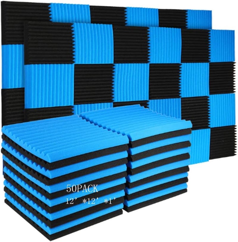 Burdurry 50 Pack Acoustic Panels Soundproof Studio Foam for Walls Sound Absorbing Panels Sound Insulation Panels Wedge for Home Studio Ceiling, 1" X 12" X 12" (Black&Blue) - Image 1