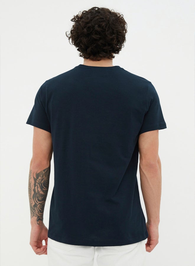 trendyol Navy Blue Regular Cut Logo Printed 100% Cotton Short Sleeve T-Shirt - Image 2